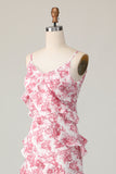 Maxi Blush Flower Sheath Ruffled Wedding Guest Dress with Slit