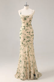Champagne Mermaid Floral Maxi Wedding Guest Dress with Slit