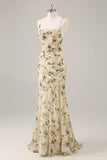 Champagne Mermaid Floral Maxi Wedding Guest Dress with Slit