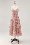 Blush Ruched Floral Chiffon Midi Wedding Guest Dress with Ruffles