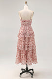 Blush Ruched Floral Chiffon Midi Wedding Guest Dress with Ruffles