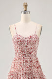 Blush Ruched Floral Chiffon Midi Wedding Guest Dress with Ruffles