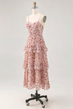 Blush Ruched Floral Chiffon Midi Wedding Guest Dress with Ruffles