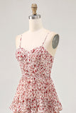 Blush Ruched Floral Chiffon Midi Wedding Guest Dress with Ruffles
