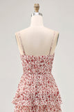 Blush Ruched Floral Chiffon Midi Wedding Guest Dress with Ruffles