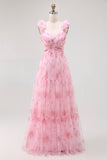 Blush Chiffon Floral V-Neck A Line Maxi Wedding Guest Dress