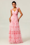 Blush Floral Chiffon V-Neck Maxi Wedding Guest Dress