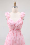 Blush Chiffon Floral V-Neck A Line Maxi Wedding Guest Dress