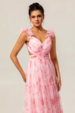 Blush Floral Chiffon V-Neck Maxi Wedding Guest Dress