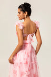Blush Floral Chiffon V-Neck Maxi Wedding Guest Dress