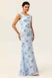 Blue Mermaid Chiffon Floral Maxi Wedding Guest Dress