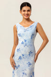 Blue Mermaid Chiffon Floral Maxi Wedding Guest Dress