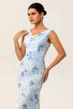 Blue Mermaid Chiffon Floral Maxi Wedding Guest Dress