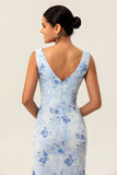 Blue Mermaid Chiffon Floral Maxi Wedding Guest Dress