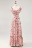 Blush Ruffled Floral Chiffon A Line Maxi Wedding Guest Dress with Slit