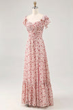 Blush Ruffled Floral Chiffon A Line Maxi Wedding Guest Dress with Slit