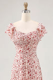 Blush Ruffled Floral Chiffon A Line Maxi Wedding Guest Dress with Slit