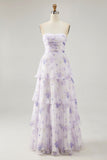 Lavender Floral A Line Maxi Pleated Bridesmaid Dress with Ruffles