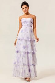Lavender Floral A Line Maxi Pleated Bridesmaid Dress with Ruffles