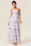 Lavender Floral A Line Maxi Pleated Bridesmaid Dress with Ruffles