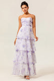 Lavender Floral Strapless Pleated Maxi A Line Bridesmaid Dress with Ruffles