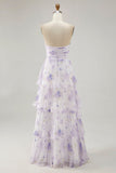 Lavender Floral A Line Maxi Pleated Bridesmaid Dress with Ruffles