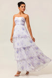 Lavender Floral A Line Maxi Pleated Bridesmaid Dress with Ruffles