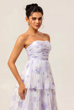 Lavender Floral A Line Maxi Pleated Bridesmaid Dress with Ruffles