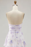 Lavender Floral Strapless Pleated Maxi A Line Bridesmaid Dress with Ruffles