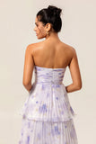 Lavender Floral A Line Maxi Pleated Bridesmaid Dress with Ruffles