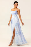 Blue Flower Chiffon Spaghetti Straps Maxi Bridesmaid Dress with Slit