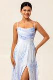 Blue Flower Chiffon Spaghetti Straps Maxi Bridesmaid Dress with Slit