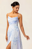 Blue Flower Chiffon Spaghetti Straps Maxi Bridesmaid Dress with Slit