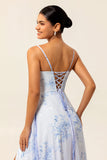 Blue Flower Chiffon Spaghetti Straps Maxi Bridesmaid Dress with Slit