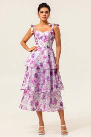 Purple Flower Ruffled Tiered A Line Midi Wedding Guest Dress