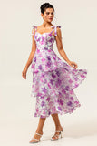 Purple Flower Ruffled Tiered A Line Midi Wedding Guest Dress