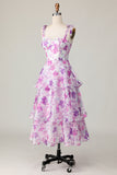 Purple Flower A Line Midi Tiered Wedding Guest Dress with Ruffles