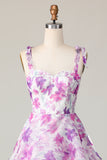 Purple Flower A Line Midi Tiered Wedding Guest Dress with Ruffles
