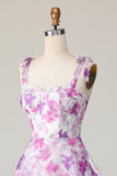 Purple Flower A Line Midi Tiered Wedding Guest Dress with Ruffles