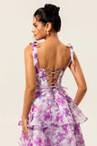Purple Flower Ruffled Tiered A Line Midi Wedding Guest Dress