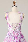 Purple Flower A Line Midi Tiered Wedding Guest Dress with Ruffles