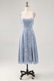 Dusty Blue Lace A Line Midi Wedding Guest Dress with Slit