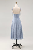 Dusty Blue Lace A Line Midi Wedding Guest Dress with Slit