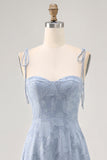 Dusty Blue Lace A Line Midi Wedding Guest Dress with Slit