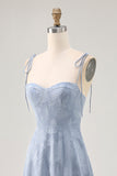 Dusty Blue Lace A Line Midi Wedding Guest Dress with Slit