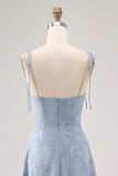 Dusty Blue Lace A Line Midi Wedding Guest Dress with Slit