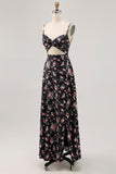 Black Floral Cut Out A Line Maxi Wedding Guest Dress with Slit