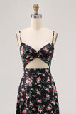 Black Floral Cut Out A Line Maxi Wedding Guest Dress with Slit