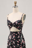 Black Floral Cut Out A Line Maxi Wedding Guest Dress with Slit