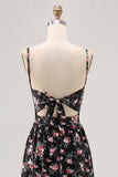 Black Floral Cut Out A Line Maxi Wedding Guest Dress with Slit